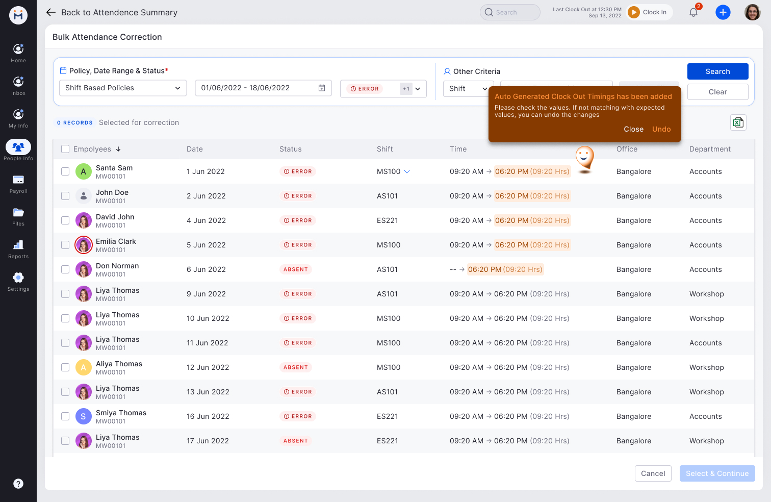 Visual - Bulk Attendance Correction