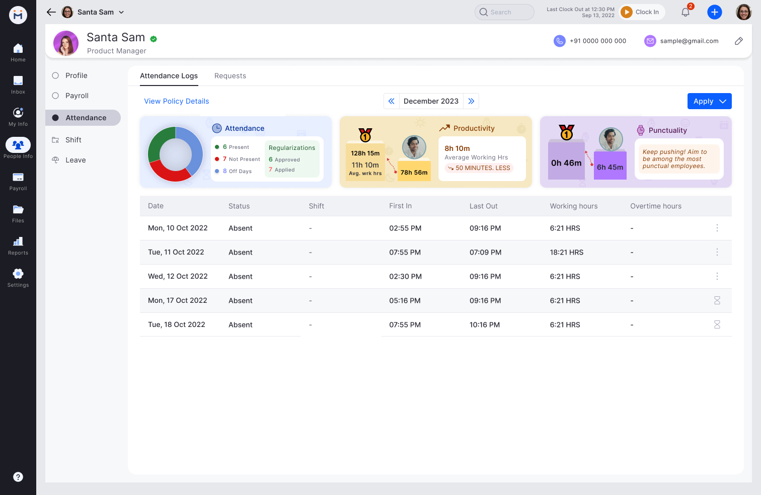 Visual - Employee attendance analytics card