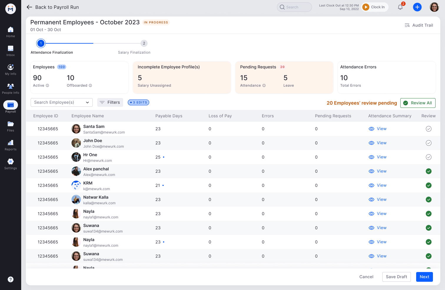 Web - Payroll run step 1: Attendance Finalization