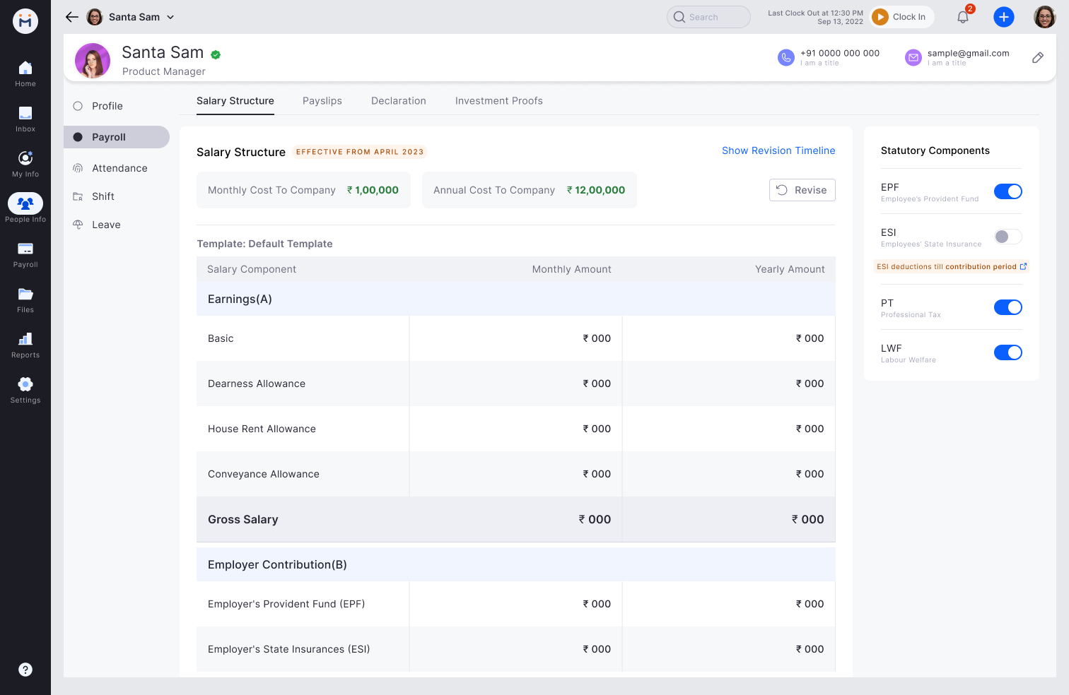 Web - Employee salary structure with statutory panel